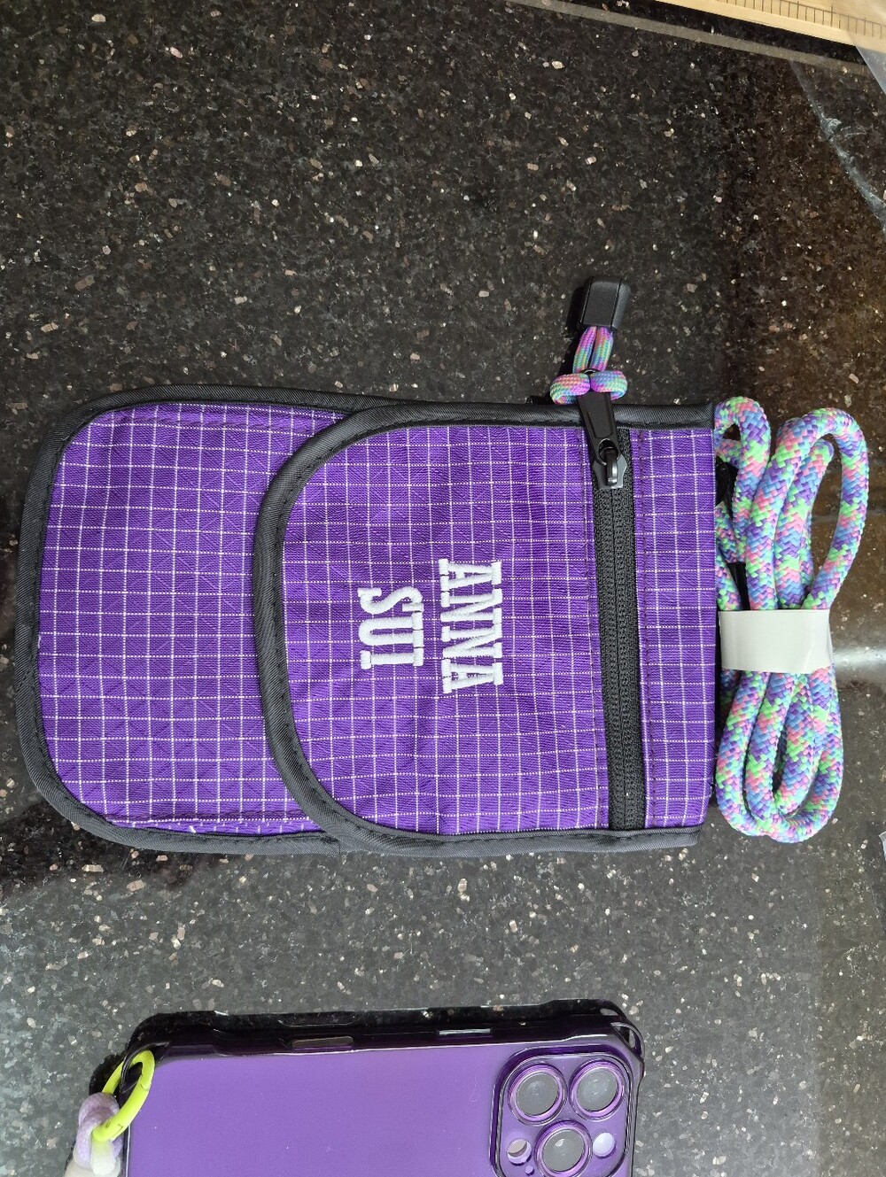 Anna Sui plaid bagPurple Grid Phone Crossbody Pouch with Rainbow Strap